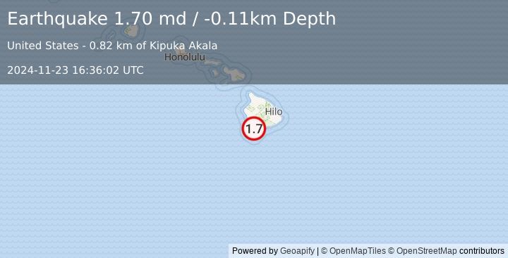 Earthquake 14 km NNE of Hawaiian Ocean View, Hawaii (1.7 md) (2024-11-23 16:36:02 UTC)