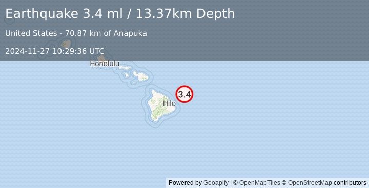 Earthquake 75 km ENE of Honomu, Hawaii (3.4 ml) (2024-11-27 10:29:36 UTC)