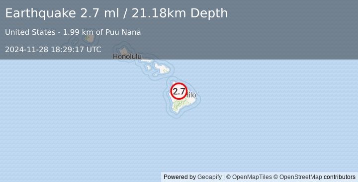 Earthquake 21 km SSE of Waimea, Hawaii (2.7 ml) (2024-11-28 18:29:17 UTC)