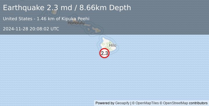 Earthquake 10 km NE of Hawaiian Ocean View, Hawaii (2.3 md) (2024-11-28 20:08:02 UTC)