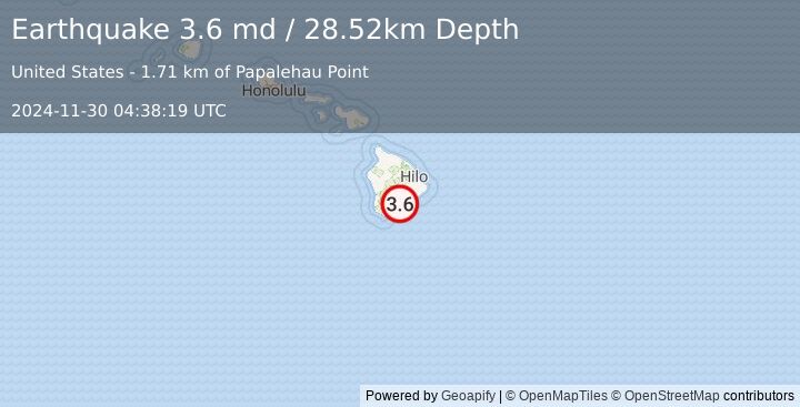 Earthquake 12 km E of Pāhala, Hawaii (3.6 md) (2024-11-30 04:38:19 UTC)