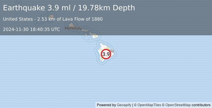 Earthquake 18 km WNW of Volcano, Hawaii (3.9 ml) (2024-11-30 18:40:35 UTC)