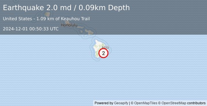 Earthquake 15 km S of Volcano, Hawaii (2.0 md) (2024-12-01 00:50:33 UTC)