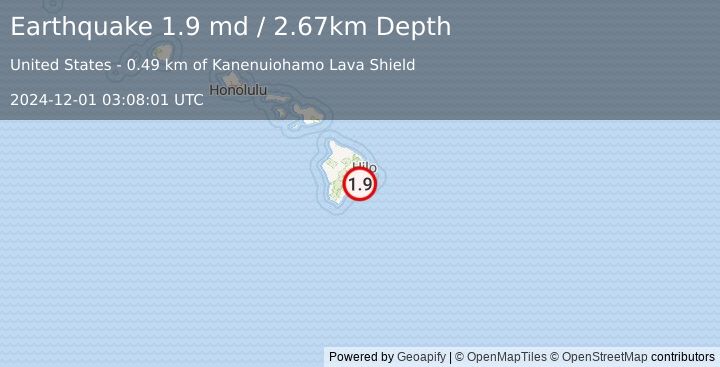 Earthquake 10 km SE of Volcano, Hawaii (1.9 md) (2024-12-01 03:08:01 UTC)