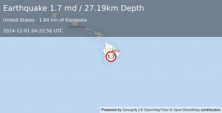 Earthquake 12 km NNE of Pāhala, Hawaii (1.7 md) (2024-12-01 04:22:56 UTC)