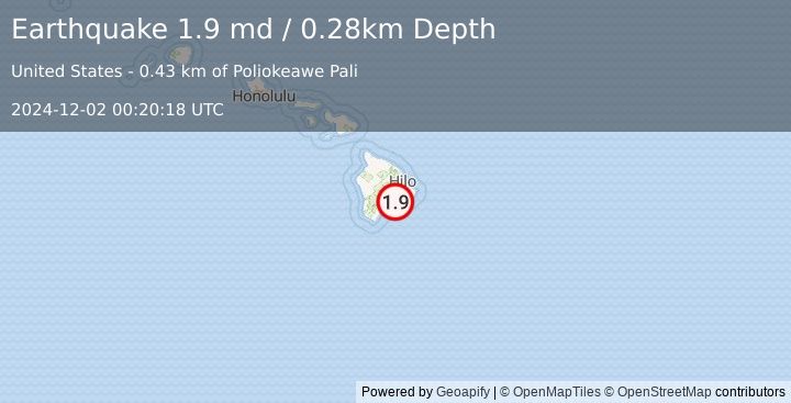 Earthquake 14 km S of Volcano, Hawaii (1.9 md) (2024-12-02 00:20:18 UTC)