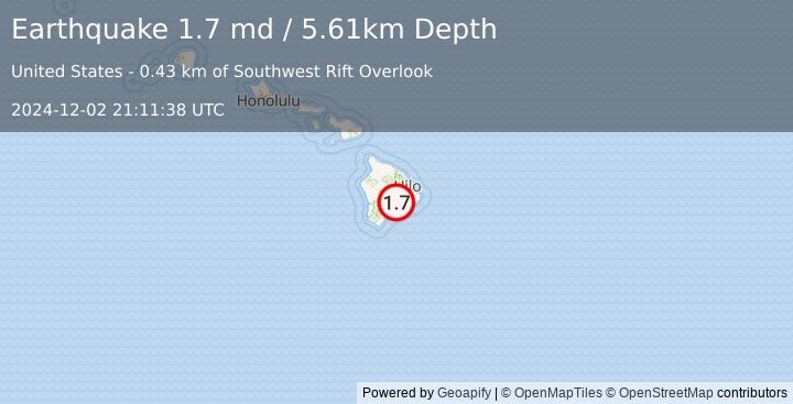 Earthquake 8 km SW of Volcano, Hawaii (1.7 md) (2024-12-02 21:11:38 UTC)