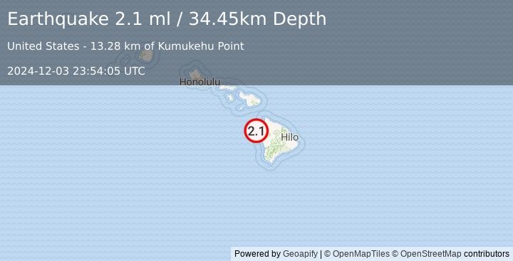 Earthquake 22 km NW of Kalaoa, Hawaii (2.1 ml) (2024-12-03 23:54:05 UTC)