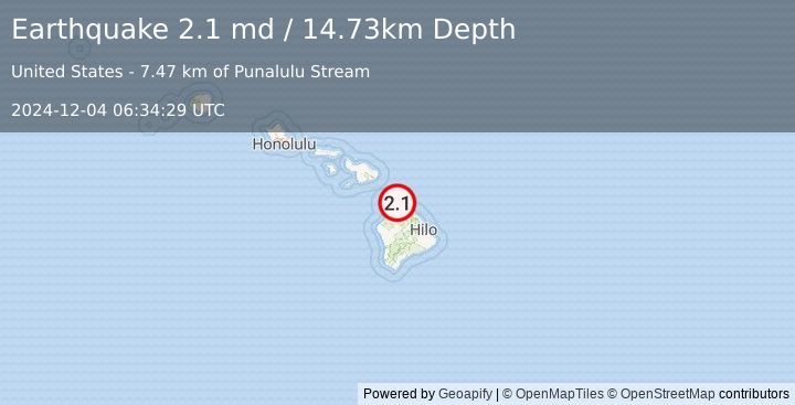 Earthquake 9 km NNW of Kukuihaele, Hawaii (2.1 md) (2024-12-04 06:34:29 UTC)