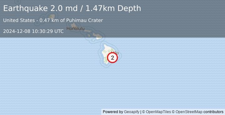 Earthquake 6 km SSW of Volcano, Hawaii (2.0 md) (2024-12-08 10:30:29 UTC)