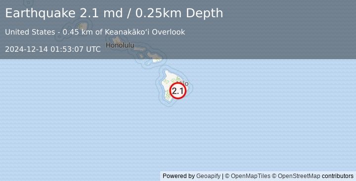 Earthquake 6 km SW of Volcano, Hawaii (2.1 md) (2024-12-14 01:53:07 UTC)