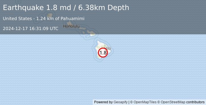 Earthquake 19 km WSW of Volcano, Hawaii (1.8 md) (2024-12-17 16:31:09 UTC)