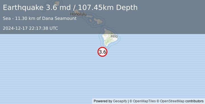 Earthquake 63 km SSW of Hawaiian Ocean View, Hawaii (3.6 md) (2024-12-17 22:17:38 UTC)