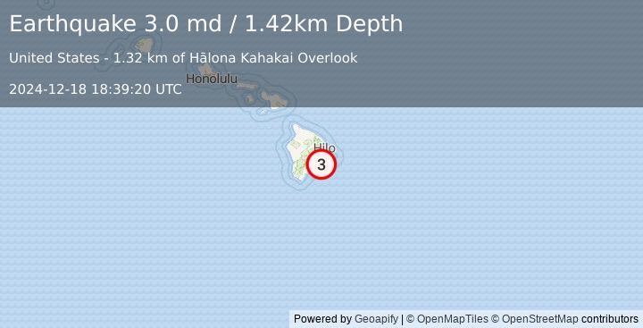 Earthquake 15 km S of Fern Forest, Hawaii (3.0 md) (2024-12-18 18:39:20 UTC)