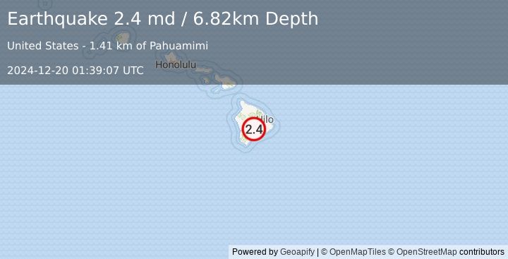 Earthquake 19 km WSW of Volcano, Hawaii (2.4 md) (2024-12-20 01:39:07 UTC)