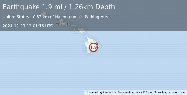 Earthquake 7 km SW of Volcano, Hawaii (1.9 ml) (2024-12-23 12:01:16 UTC)