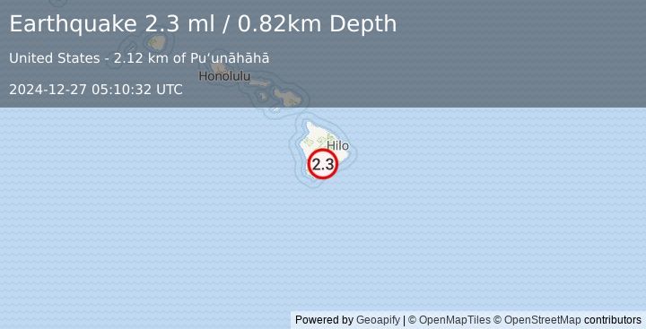 Earthquake 7 km NNE of Pāhala, Hawaii (2.3 ml) (2024-12-27 05:10:32 UTC)