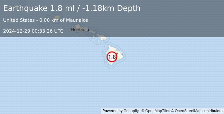 Earthquake 28 km E of Honaunau-Napoopoo, Hawaii (1.8 ml) (2024-12-29 00:33:26 UTC)