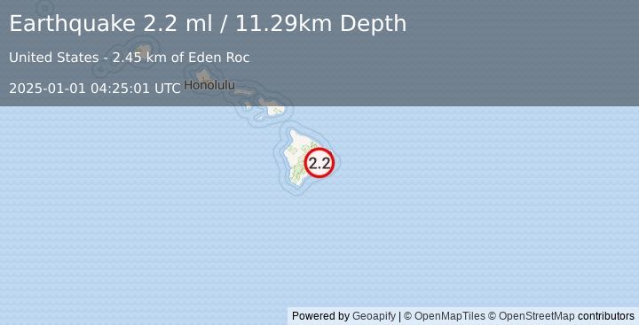 Earthquake 2 km W of Eden Roc, Hawaii (2.2 ml) (2025-01-01 04:25:01 UTC)