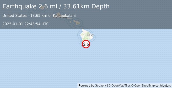 Earthquake 18 km SE of Naalehu, Hawaii (2.6 ml) (2025-01-01 22:43:54 UTC)