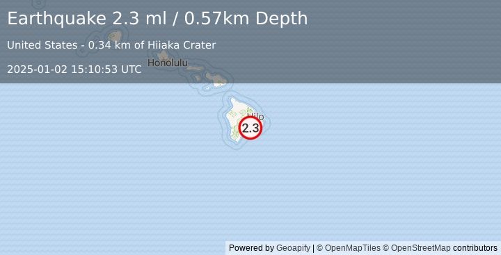 Earthquake 7 km S of Volcano, Hawaii (2.3 ml) (2025-01-02 15:10:53 UTC)