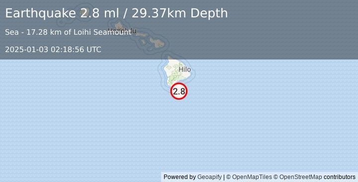 Earthquake 40 km SE of Naalehu, Hawaii (2.8 ml) (2025-01-03 02:18:56 UTC)