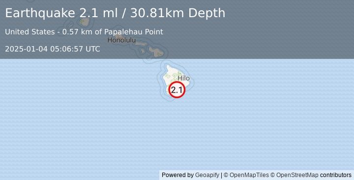 Earthquake 11 km E of Pāhala, Hawaii (2.1 ml) (2025-01-04 05:06:57 UTC)