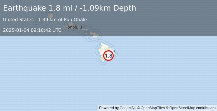 Earthquake 9 km SSW of Volcano, Hawaii (1.8 ml) (2025-01-04 09:10:42 UTC)