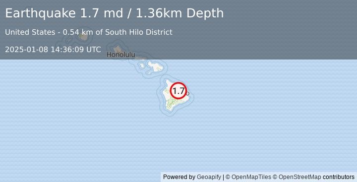 Earthquake 20 km WSW of Pepeekeo, Hawaii (1.7 md) (2025-01-08 14:36:09 UTC)