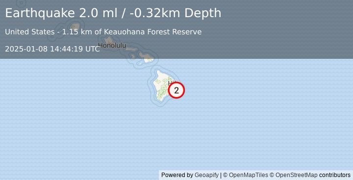 Earthquake 6 km SW of Leilani Estates, Hawaii (2.0 ml) (2025-01-08 14:44:19 UTC)