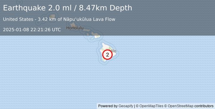 Earthquake 22 km W of Volcano, Hawaii (2.0 ml) (2025-01-08 22:21:26 UTC)