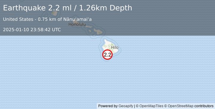 Earthquake 14 km W of Pāhala, Hawaii (2.2 ml) (2025-01-10 23:58:42 UTC)