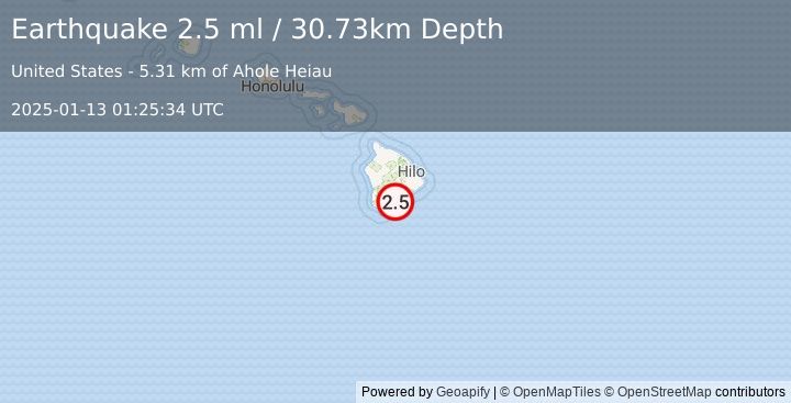 Earthquake 12 km SE of Pāhala, Hawaii (2.5 ml) (2025-01-13 01:25:34 UTC)