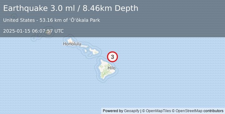 Earthquake 53 km NNE of Laupāhoehoe, Hawaii (3.0 ml) (2025-01-15 06:07:57 UTC)