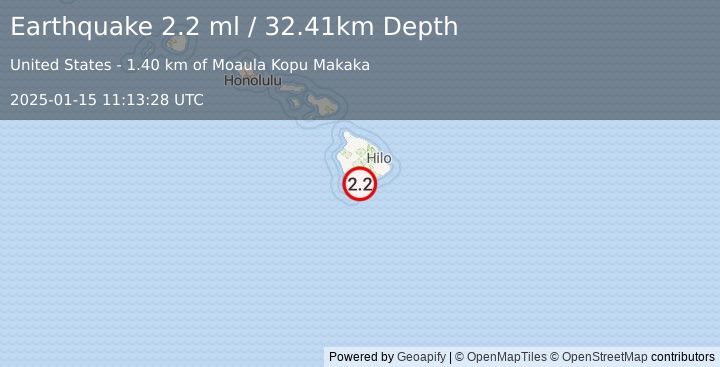 Earthquake 4 km SSW of Pāhala, Hawaii (2.2 ml) (2025-01-15 11:13:28 UTC)