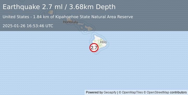 Earthquake 21 km S of Honaunau-Napoopoo, Hawaii (2.7 ml) (2025-01-26 16:53:46 UTC)