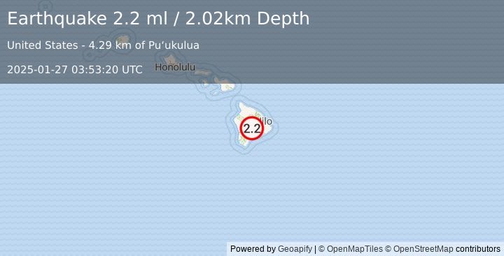 Earthquake 22 km WNW of Volcano, Hawaii (2.2 ml) (2025-01-27 03:53:20 UTC)