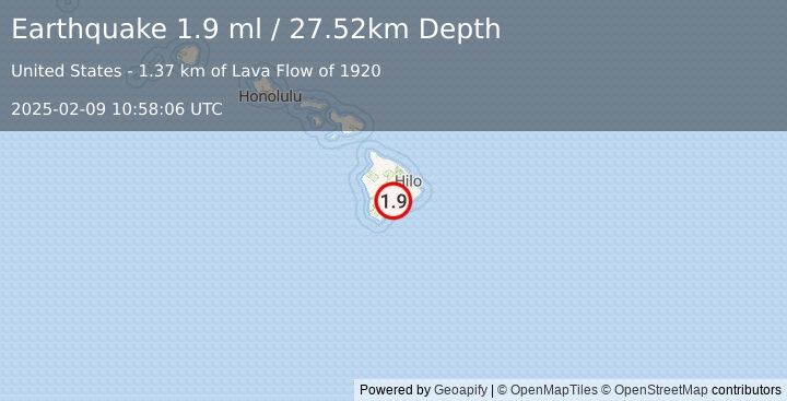 Earthquake 17 km NE of Pāhala, Hawaii (1.9 ml) (2025-02-09 10:58:06 UTC)