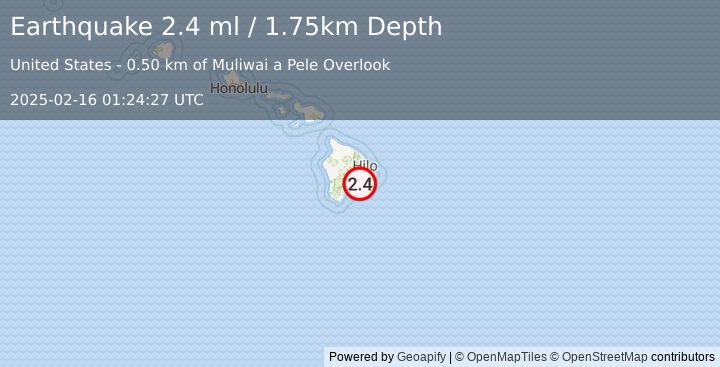 Earthquake 13 km SSE of Volcano, Hawaii (2.4 ml) (2025-02-16 01:24:27 UTC)