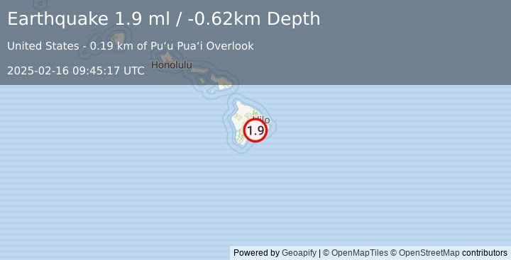 Earthquake 4 km SSW of Volcano, Hawaii (1.9 ml) (2025-02-16 09:45:17 UTC)