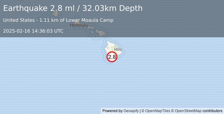 Earthquake 3 km SW of Pāhala, Hawaii (2.8 ml) (2025-02-16 14:36:03 UTC)