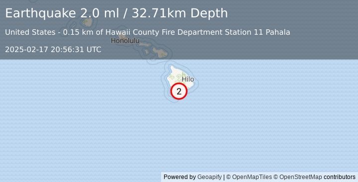 Earthquake 0 km E of Pāhala, Hawaii (2.0 ml) (2025-02-17 20:56:31 UTC)