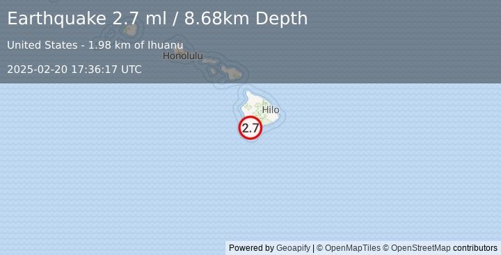 Earthquake 12 km NNE of Hawaiian Ocean View, Hawaii (2.7 ml) (2025-02-20 17:36:17 UTC)