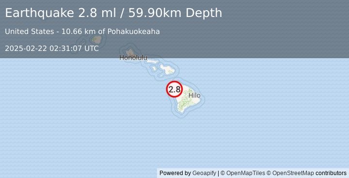 Earthquake 15 km W of Puako, Hawaii (2.8 ml) (2025-02-22 02:31:07 UTC)