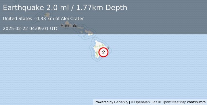 Earthquake 9 km SSE of Volcano, Hawaii (2.0 ml) (2025-02-22 04:09:01 UTC)