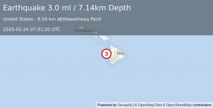 Earthquake 13 km W of Kailua-Kona, Hawaii (3.0 ml) (2025-02-24 07:31:20 UTC)