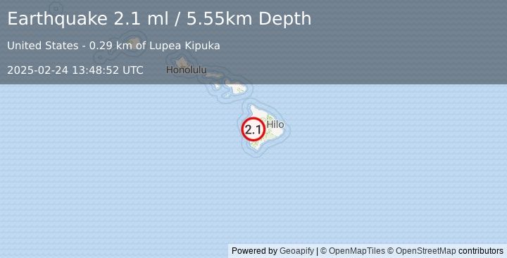 Earthquake 16 km NE of Honaunau-Napoopoo, Hawaii (2.1 ml) (2025-02-24 13:48:52 UTC)