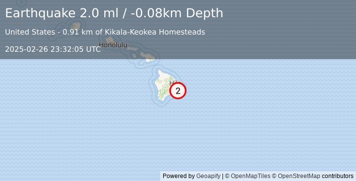 Earthquake 9 km SSW of Leilani Estates, Hawaii (2.0 ml) (2025-02-26 23:32:05 UTC)