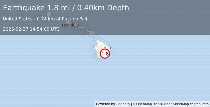 Earthquake 16 km S of Volcano, Hawaii (1.8 ml) (2025-02-27 14:54:00 UTC)