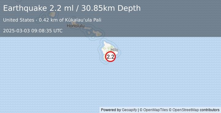 Earthquake 13 km ENE of Pāhala, Hawaii (2.2 ml) (2025-03-03 09:08:35 UTC)